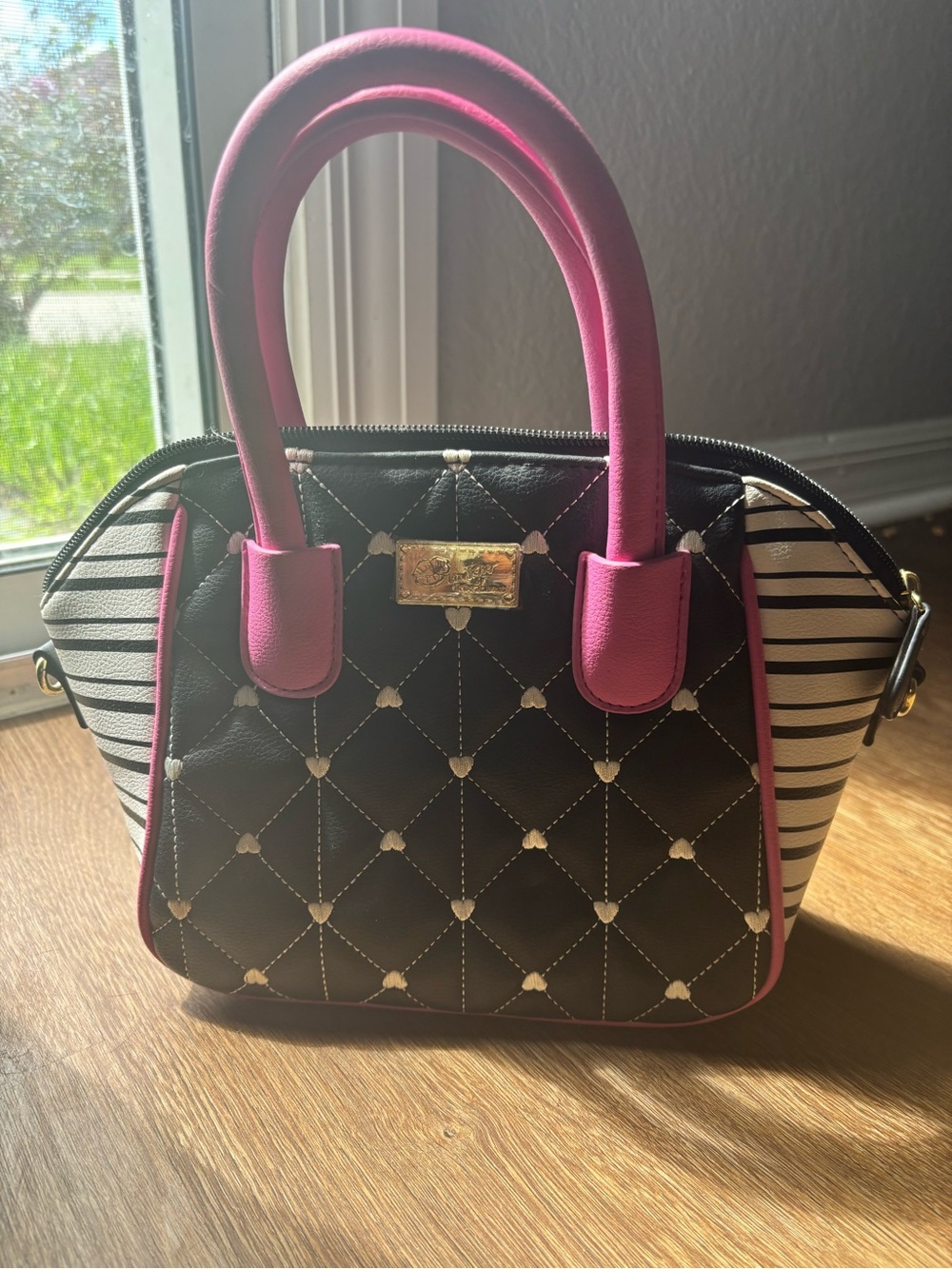 Betsey Johnson Black Quilted Satchel with Pink Handles and Striped Sides